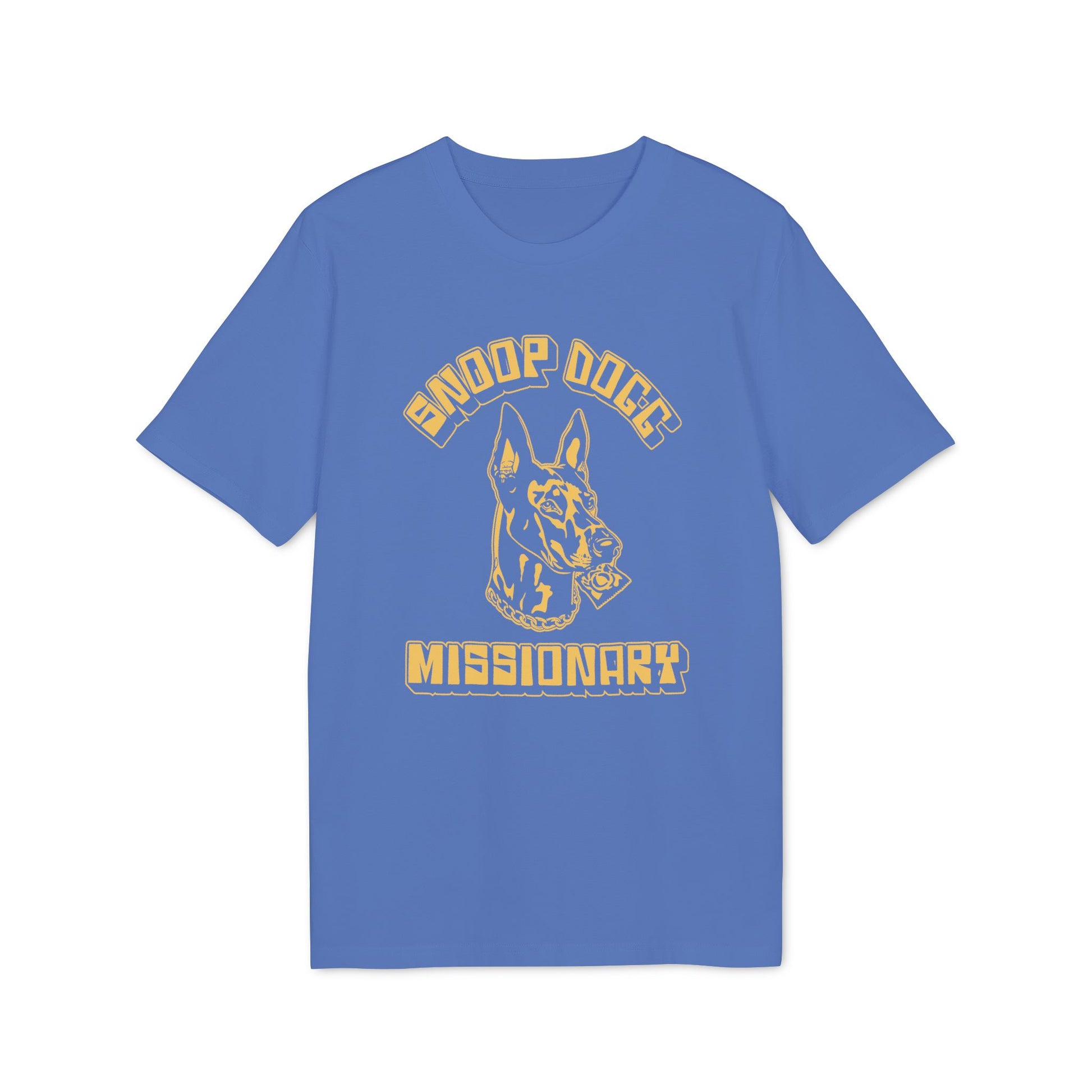 Blue t-shirt with yellow Snoop Dogg "Missionary" dog graphic and text.