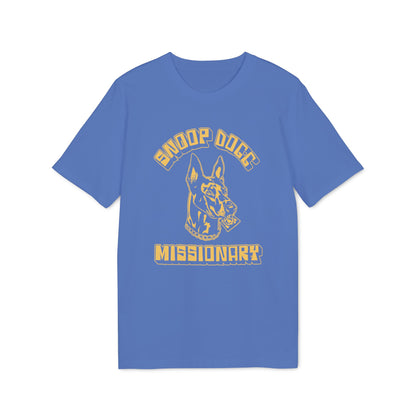 Blue t-shirt with yellow Snoop Dogg "Missionary" dog graphic and text.