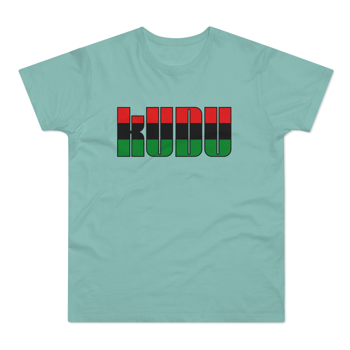 Teal t-shirt with "KUBU" text in red, black, and green blocks.