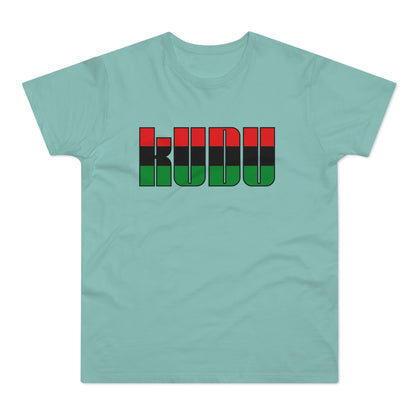 Teal t-shirt with "KUBU" text in red, black, and green blocks.