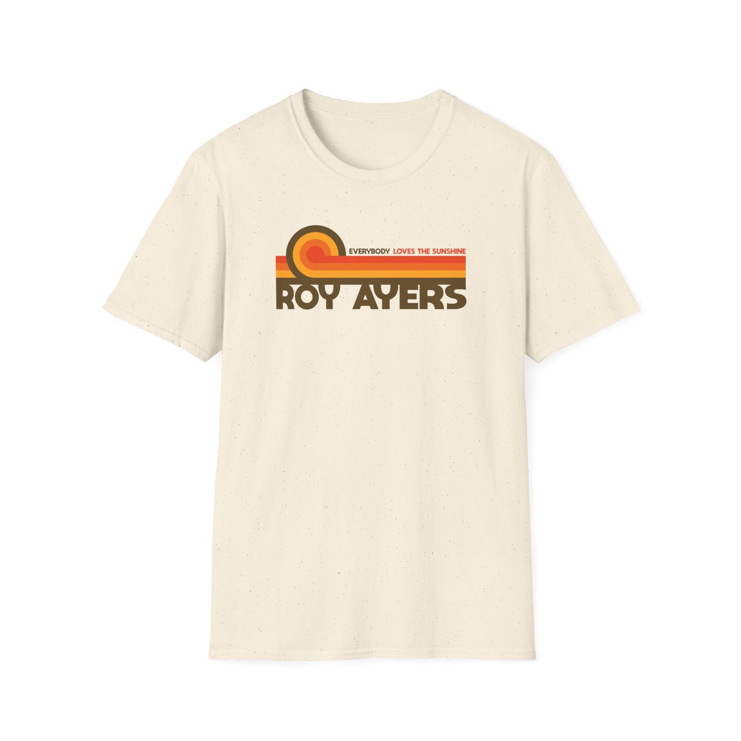 Cream t-shirt with "Roy Ayers" and "Everybody Loves the Sunshine" text.