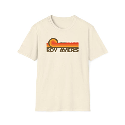 Cream t-shirt with "Roy Ayers" and "Everybody Loves the Sunshine" text.