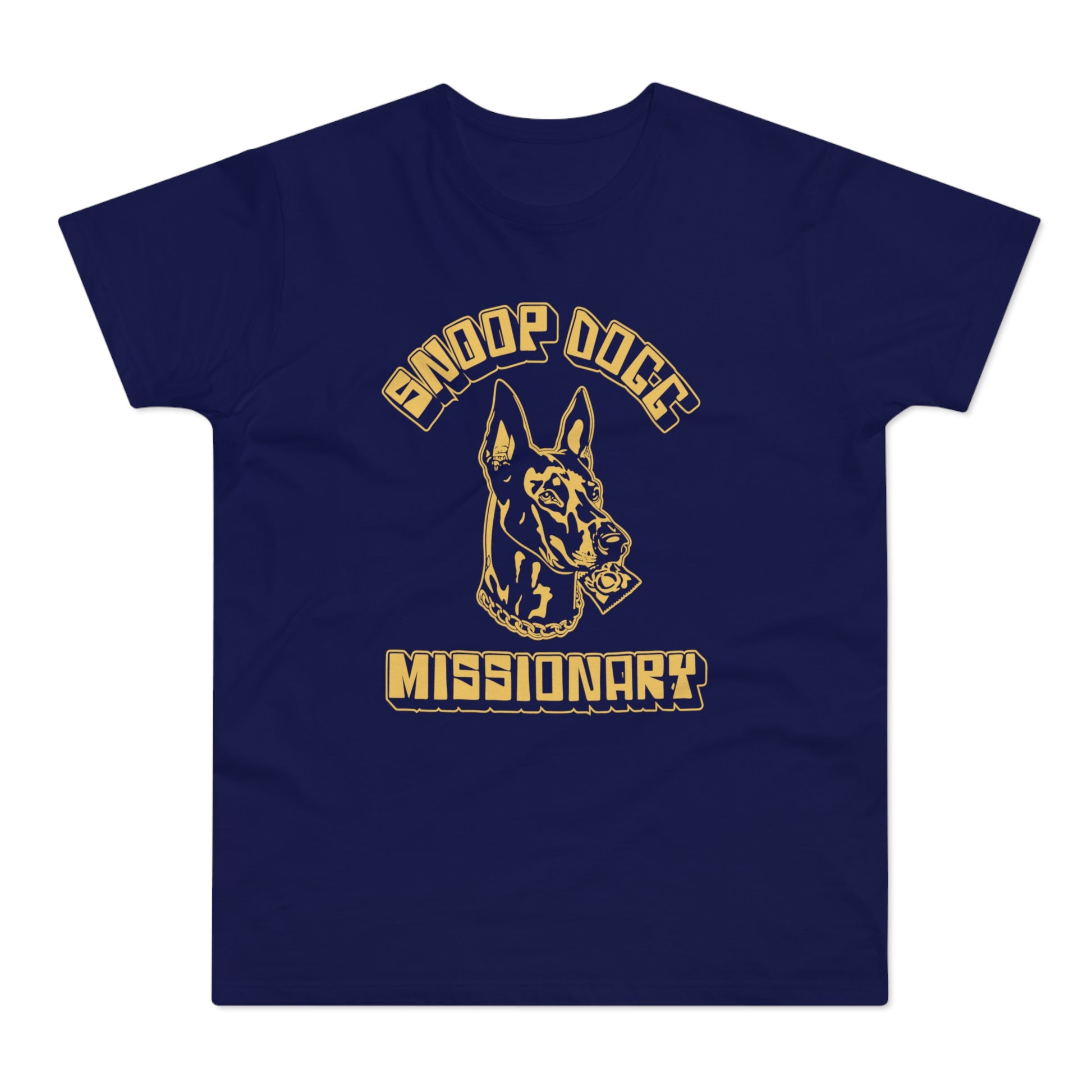 Navy t-shirt with gold Snoop Dogg Missionary graphic and dog head.