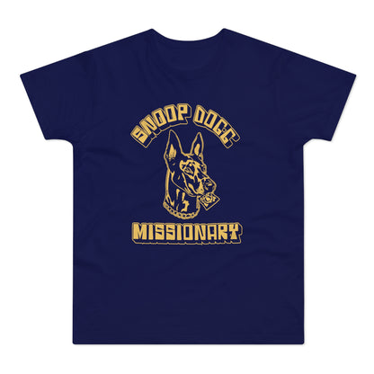 Navy t-shirt with gold Snoop Dogg Missionary graphic and dog head.