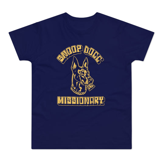 Navy t-shirt with gold Snoop Dogg Missionary graphic and dog head.