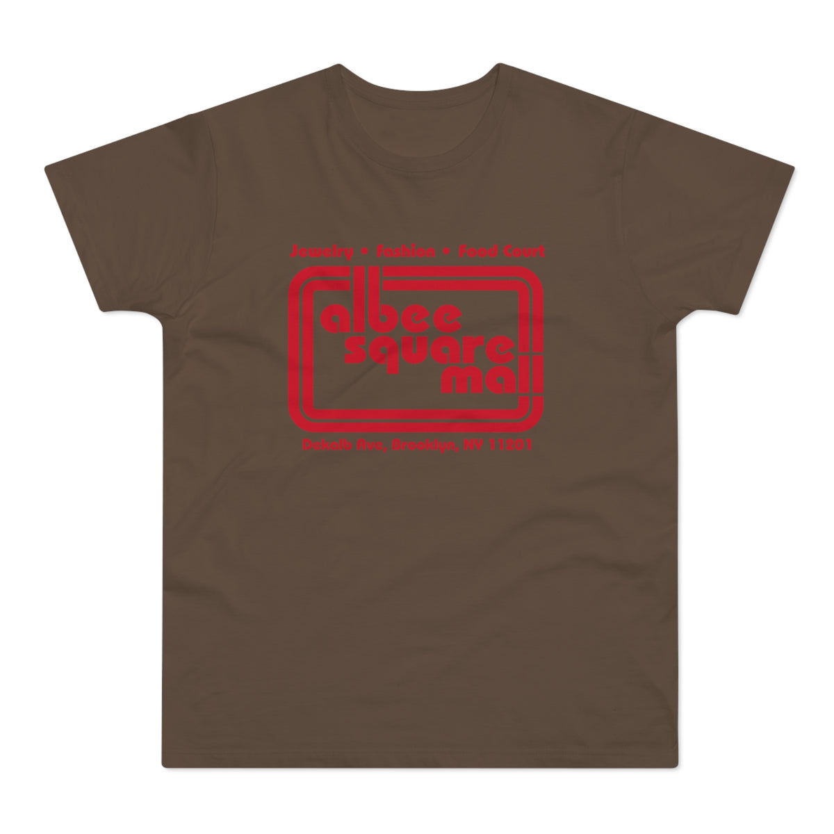 Brown t-shirt with red Albee Square Mall logo and DeKalb Ave, Brooklyn, NY 11201 text.