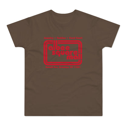 Brown t-shirt with red Albee Square Mall logo and DeKalb Ave, Brooklyn, NY 11201 text.