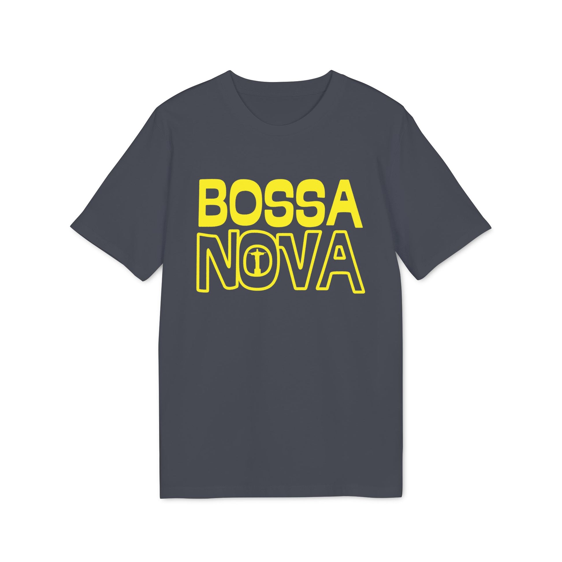 Dark grey t-shirt with yellow "BOSSA NOVA" text and Christ the Redeemer statue icon.