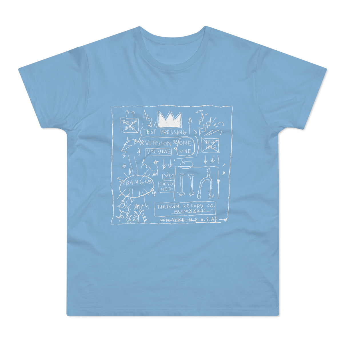 Light blue t-shirt with white Basquiat-style art featuring text and symbols.