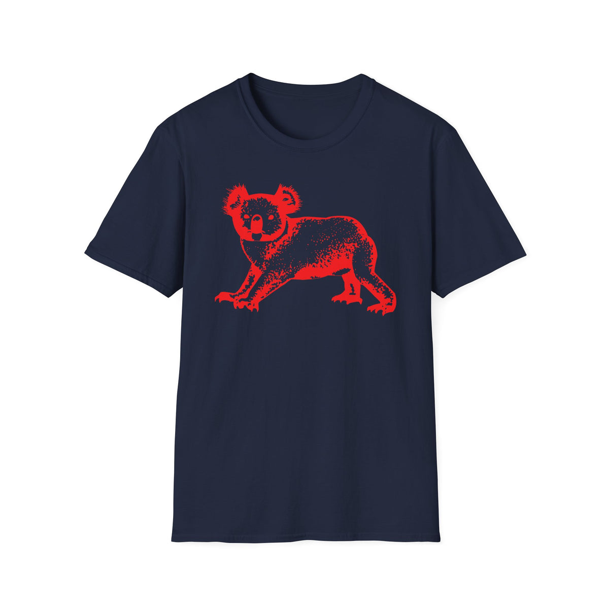 Dark navy t-shirt with a red, textured koala graphic.