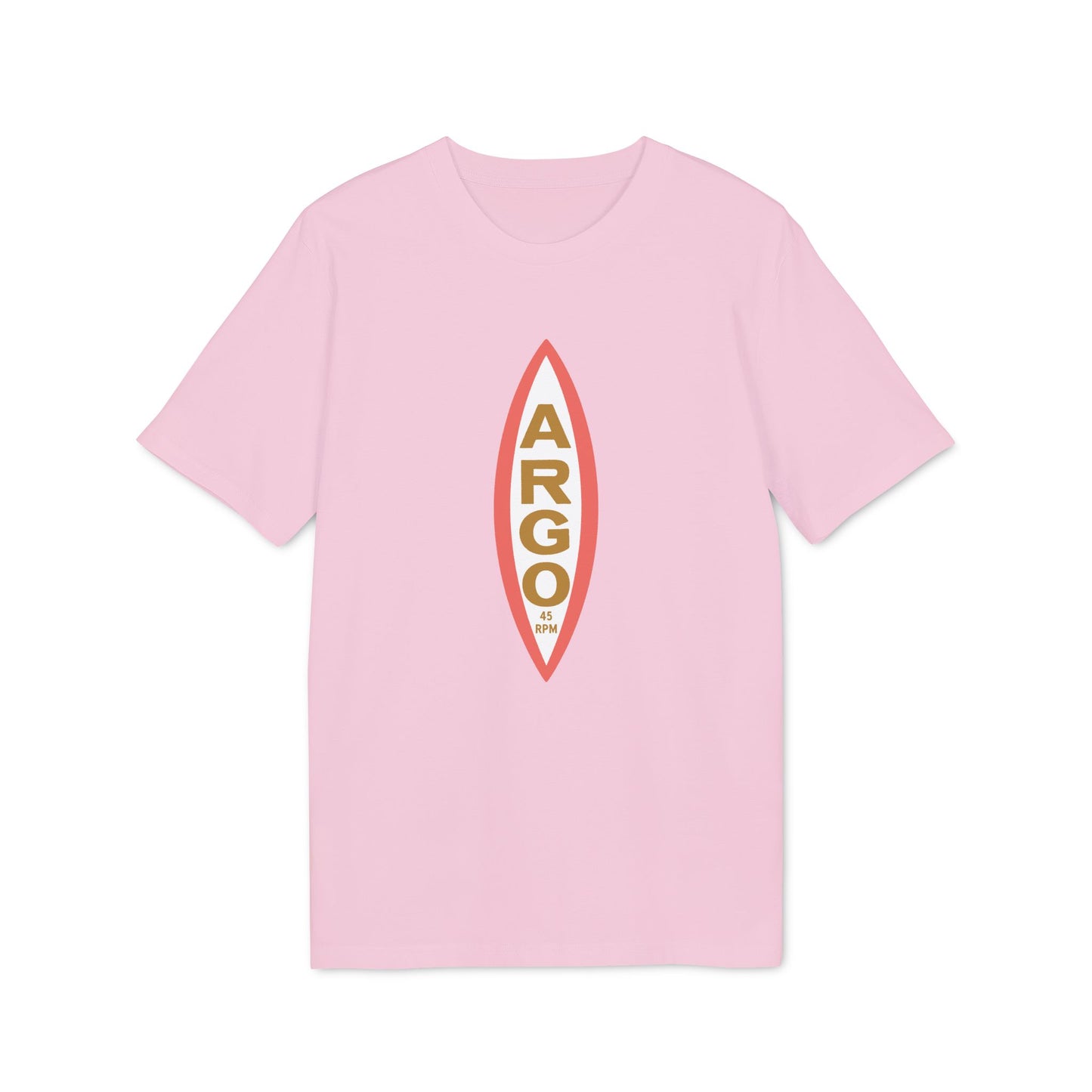 Pink t-shirt with vertical oval logo containing "ARGO" and "45 RPM".