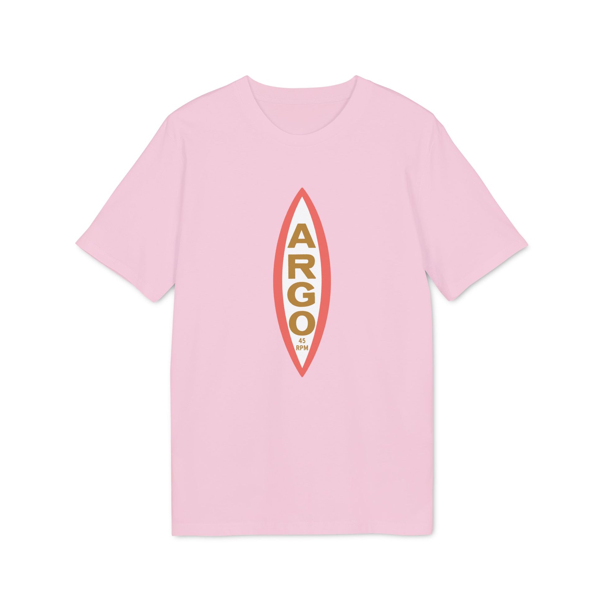 Pink t-shirt with vertical oval logo containing "ARGO" and "45 RPM".