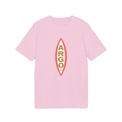 Pink t-shirt with vertical oval logo containing "ARGO" and "45 RPM".