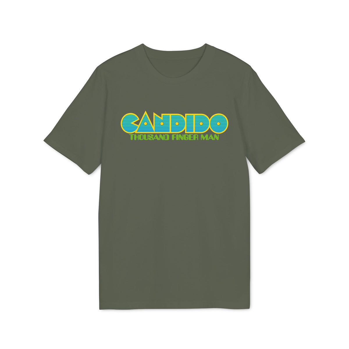 Olive green t-shirt with "CANDIDO THOUSAND FINGER MAN" text.
