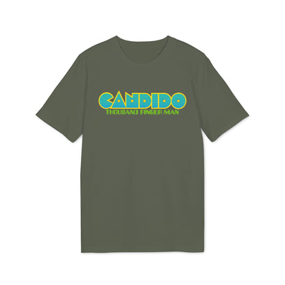 Olive green t-shirt with "CANDIDO THOUSAND FINGER MAN" text.