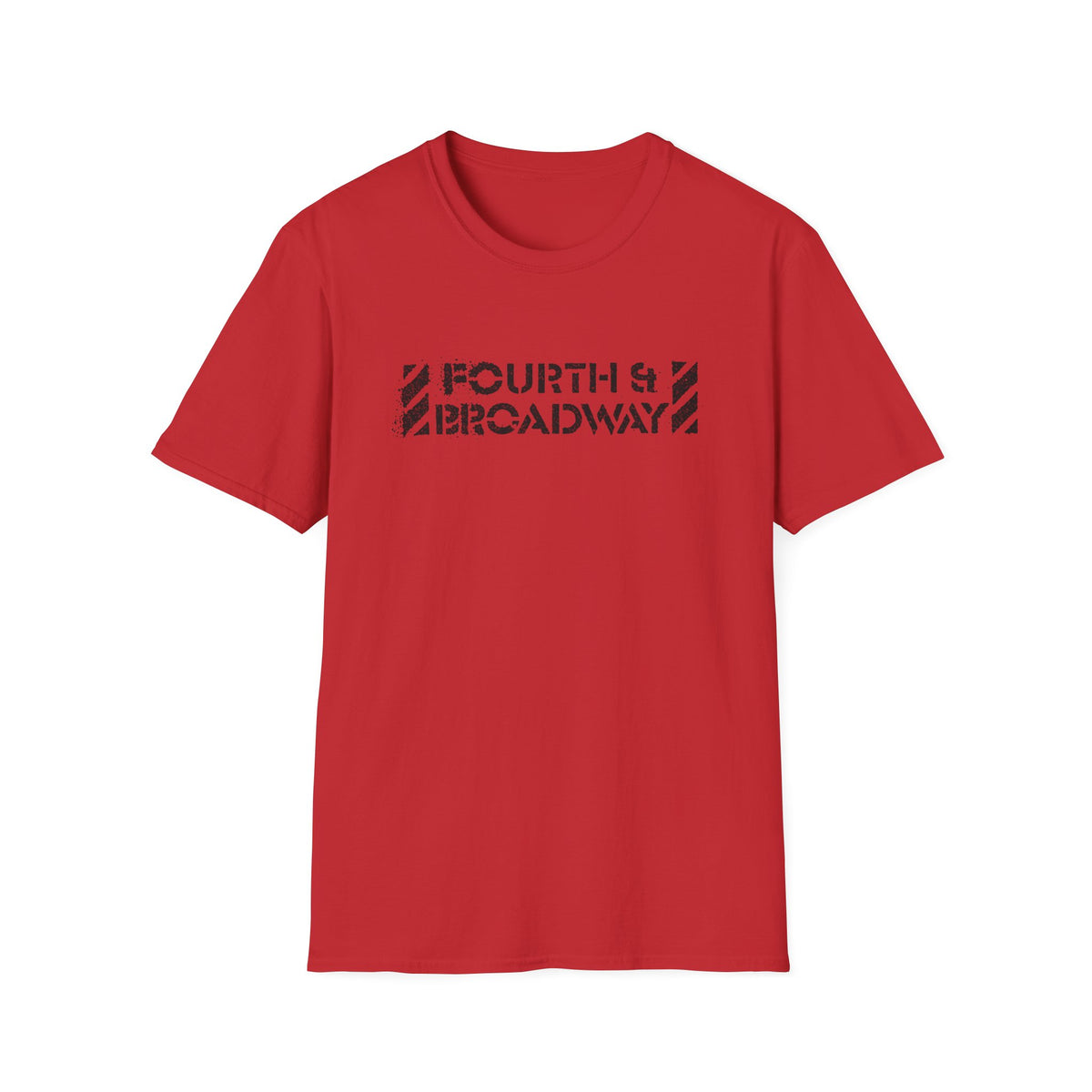 Red t-shirt with black distressed text reading "FOURTH & BROADWAY".