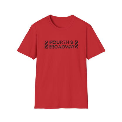 Red t-shirt with black distressed text reading "FOURTH & BROADWAY".