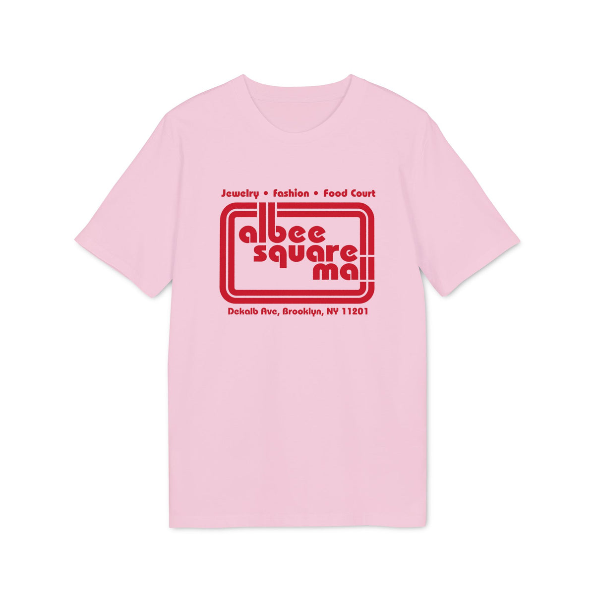 Pink t-shirt with red text "Albee Square Mall" and location information.