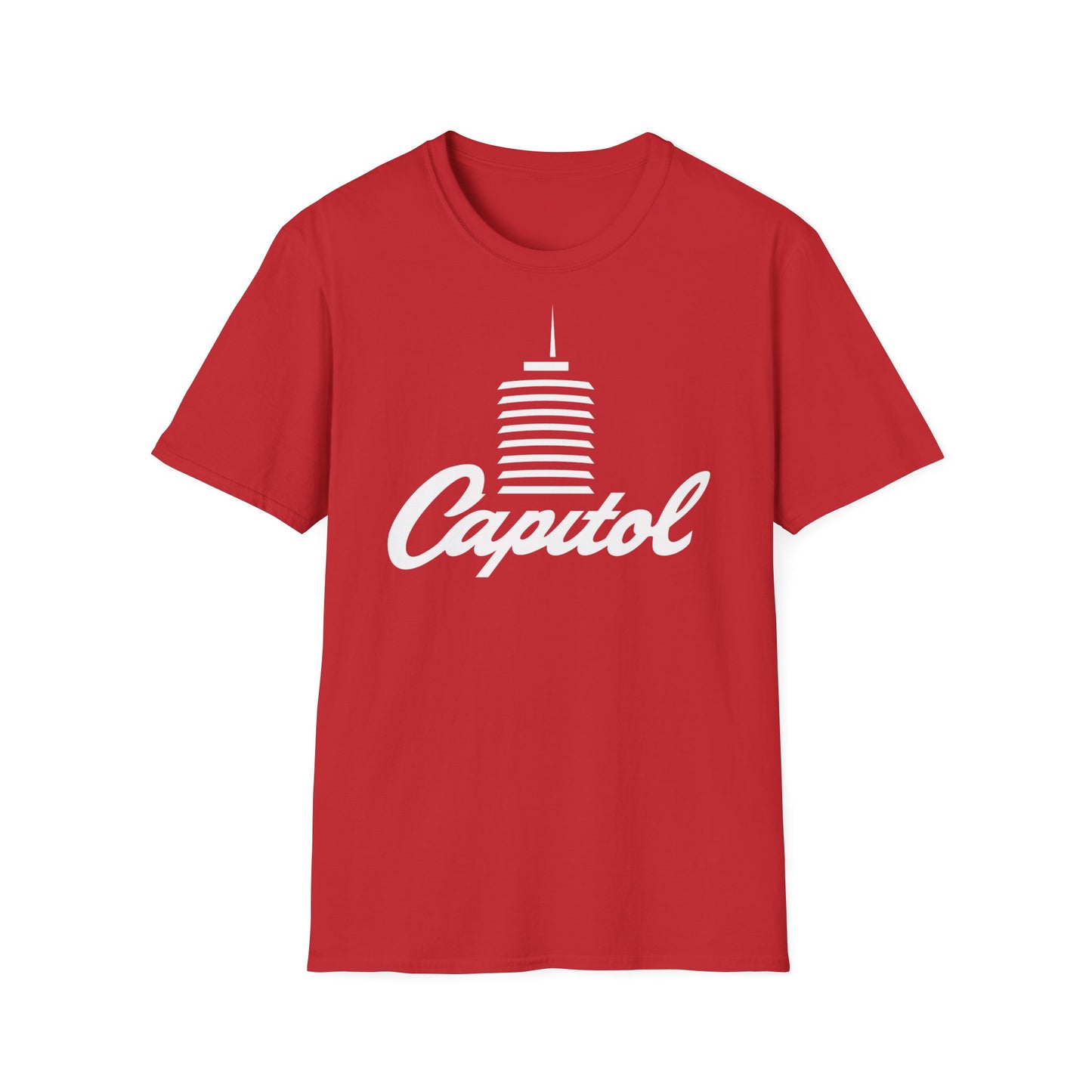 Red t-shirt with white "Capitol" text and an abstract building graphic.