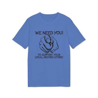 Blue t-shirt with "We Need You!" and pointing finger graphic.