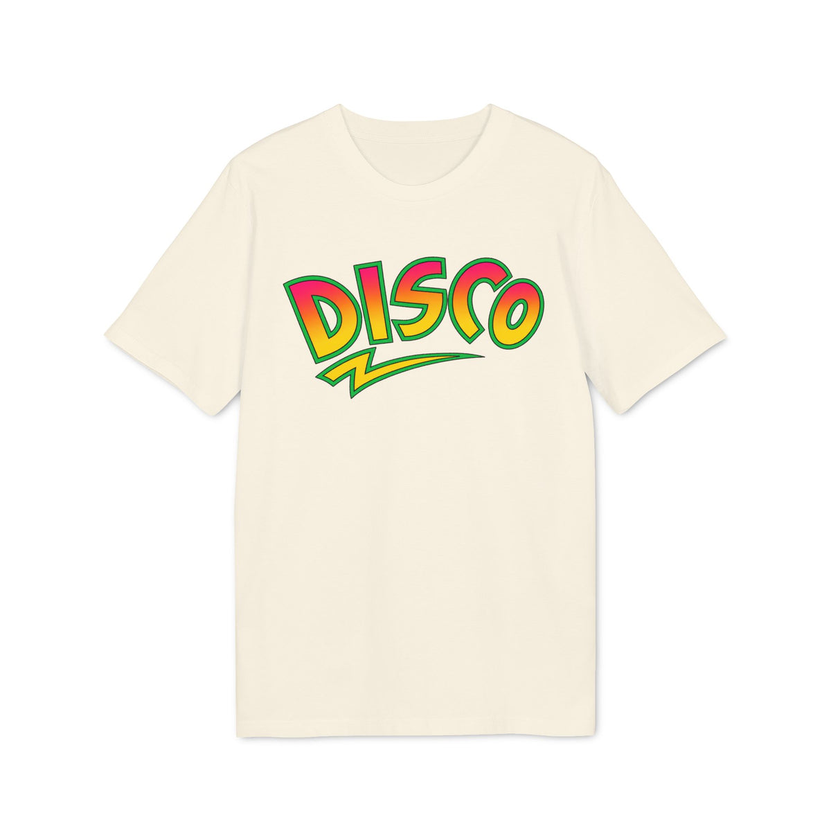 Cream t-shirt with retro "DISCO" graphic in pink, yellow, and green.