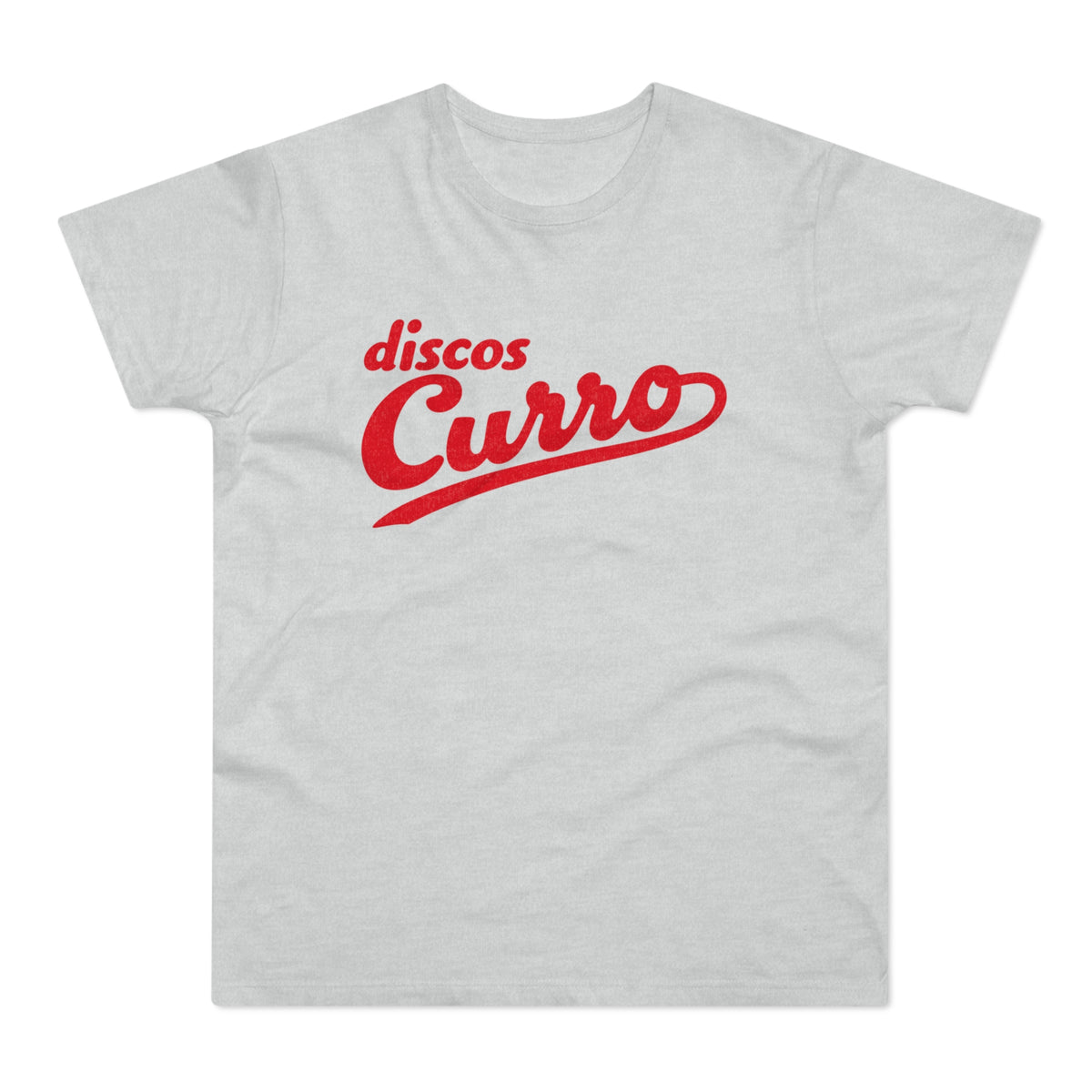 Light gray t-shirt with red "discos Curro" text in cursive.