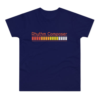 Navy t-shirt with "Rhythm Composer" text and retro sequencer pattern.