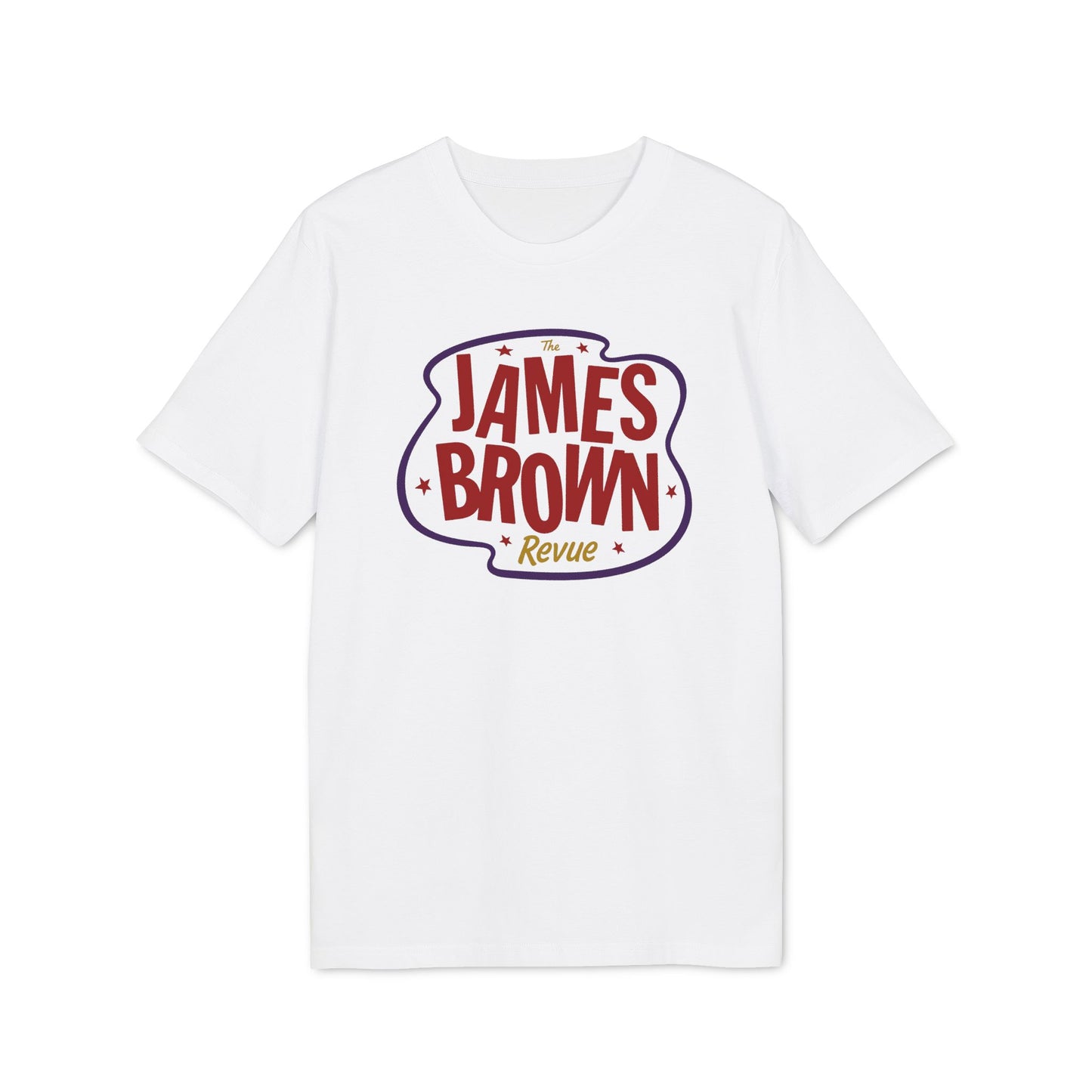 White t-shirt with "The James Brown Revue" text and stars graphic.