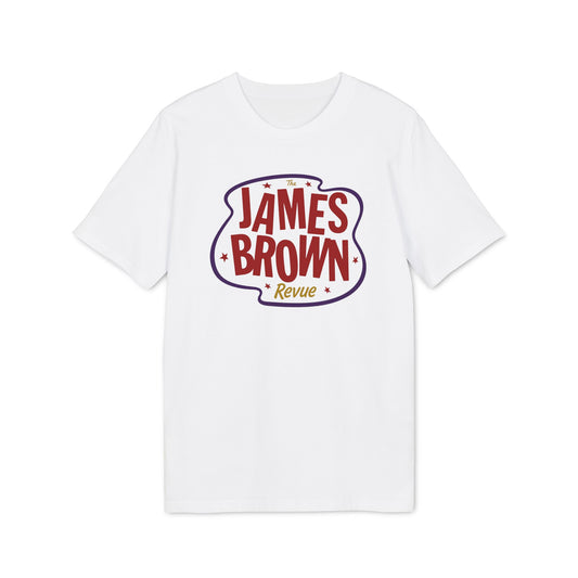 White t-shirt with "The James Brown Revue" text and stars graphic.