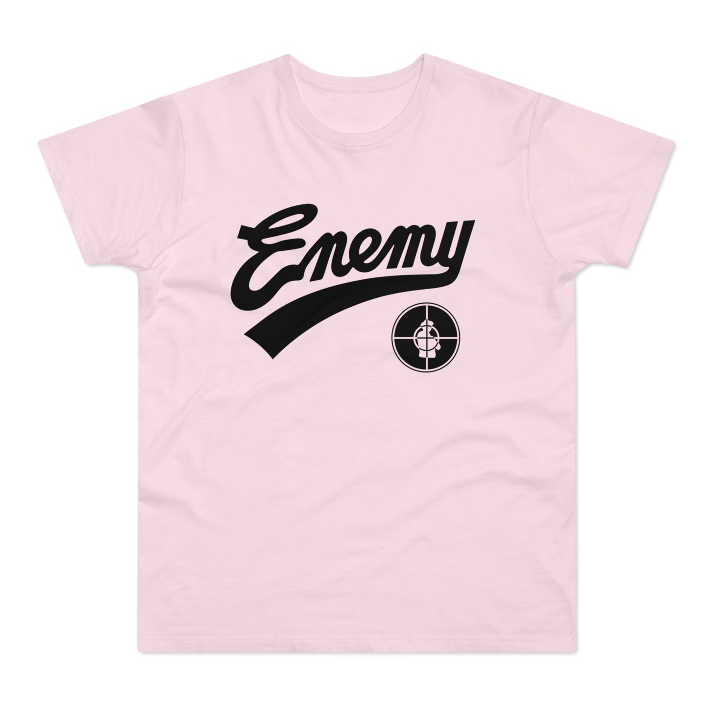 Pink t-shirt with black "Enemy" text and a target logo.
