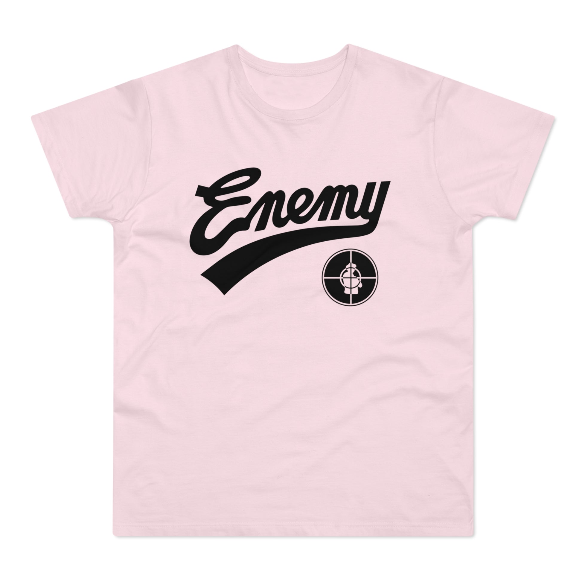 Pink t-shirt with black "Enemy" text and a target logo.