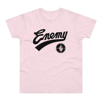 Pink t-shirt with black "Enemy" text and a target logo.