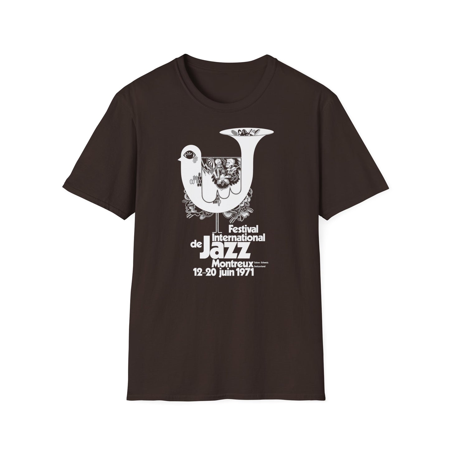 Montreux Jazz Festival 1971 t-shirt with white bird graphic and text.