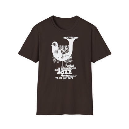 Montreux Jazz Festival 1971 t-shirt with white bird graphic and text.