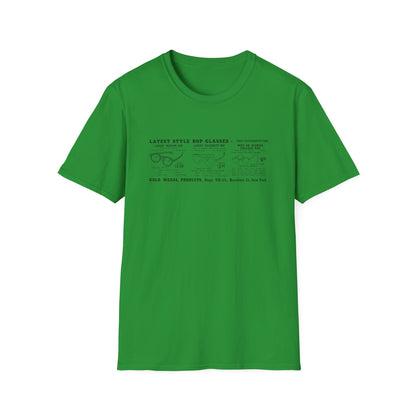 Green t-shirt with text advertising different styles of bop glasses.