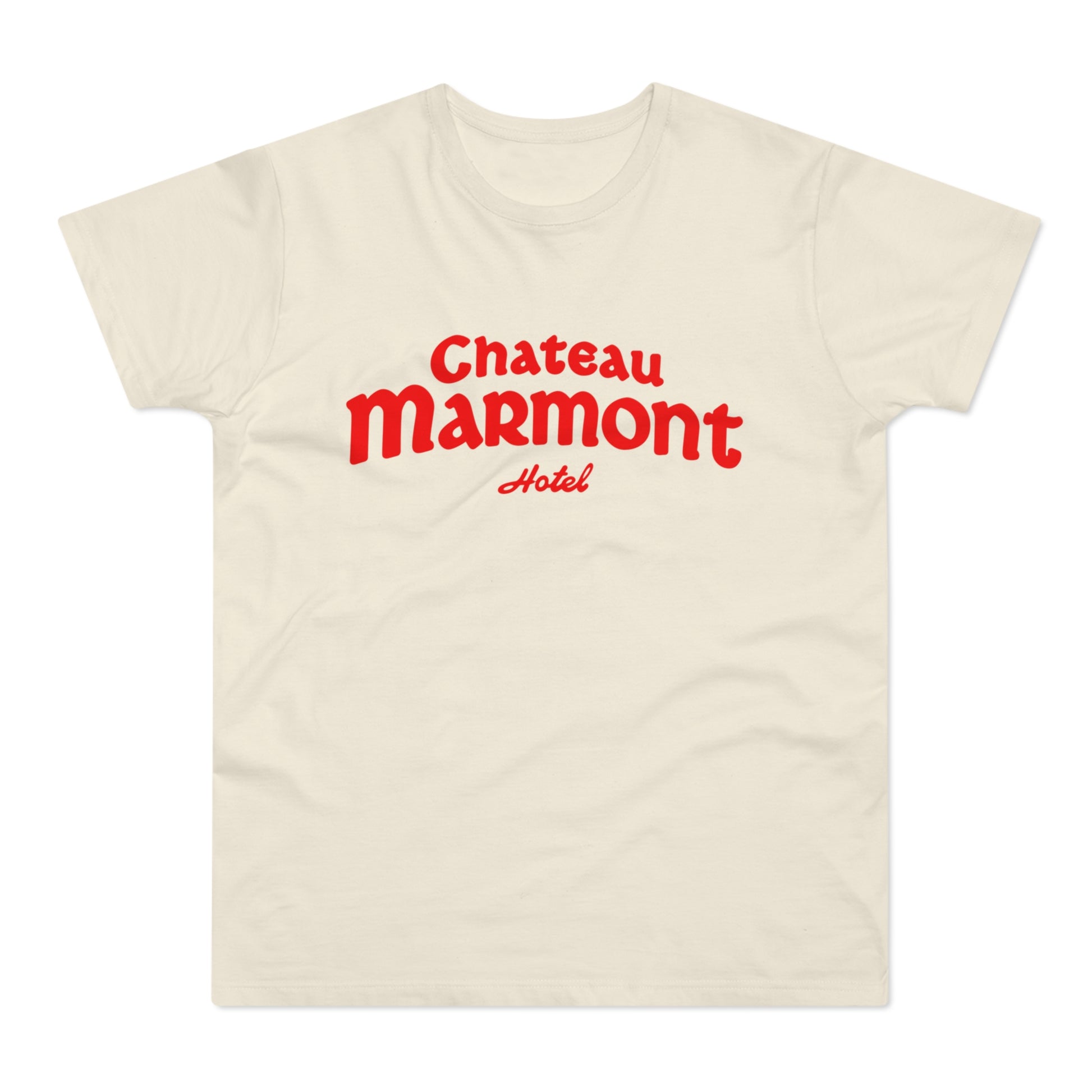 Cream t-shirt with red "Chateau Marmont Hotel" logo.