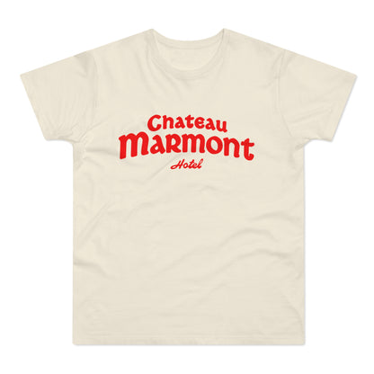 Cream t-shirt with red "Chateau Marmont Hotel" logo.