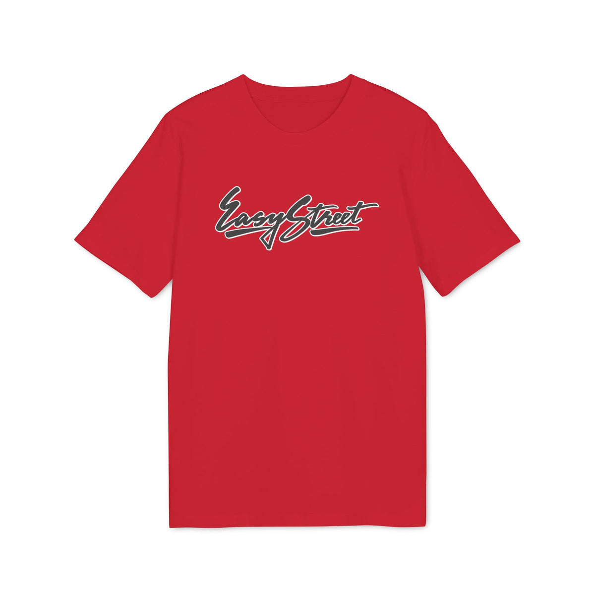Red t-shirt with black and white "Easy Street" cursive logo.