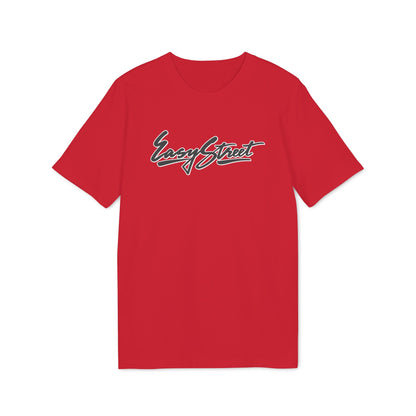 Red t-shirt with black and white "Easy Street" cursive logo.