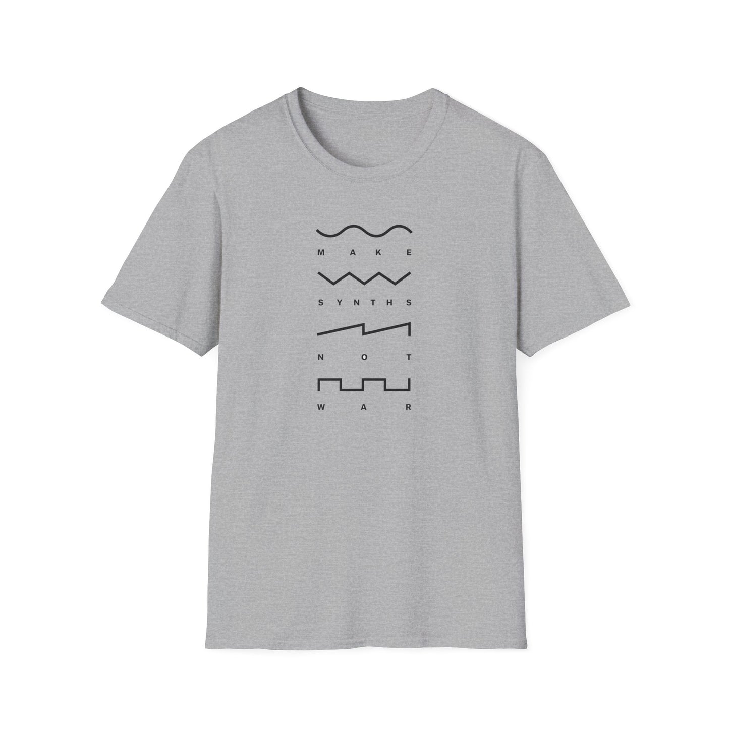 Gray t-shirt with "MAKE SYNTHS NOT WAR" text and abstract sound wave graphics.