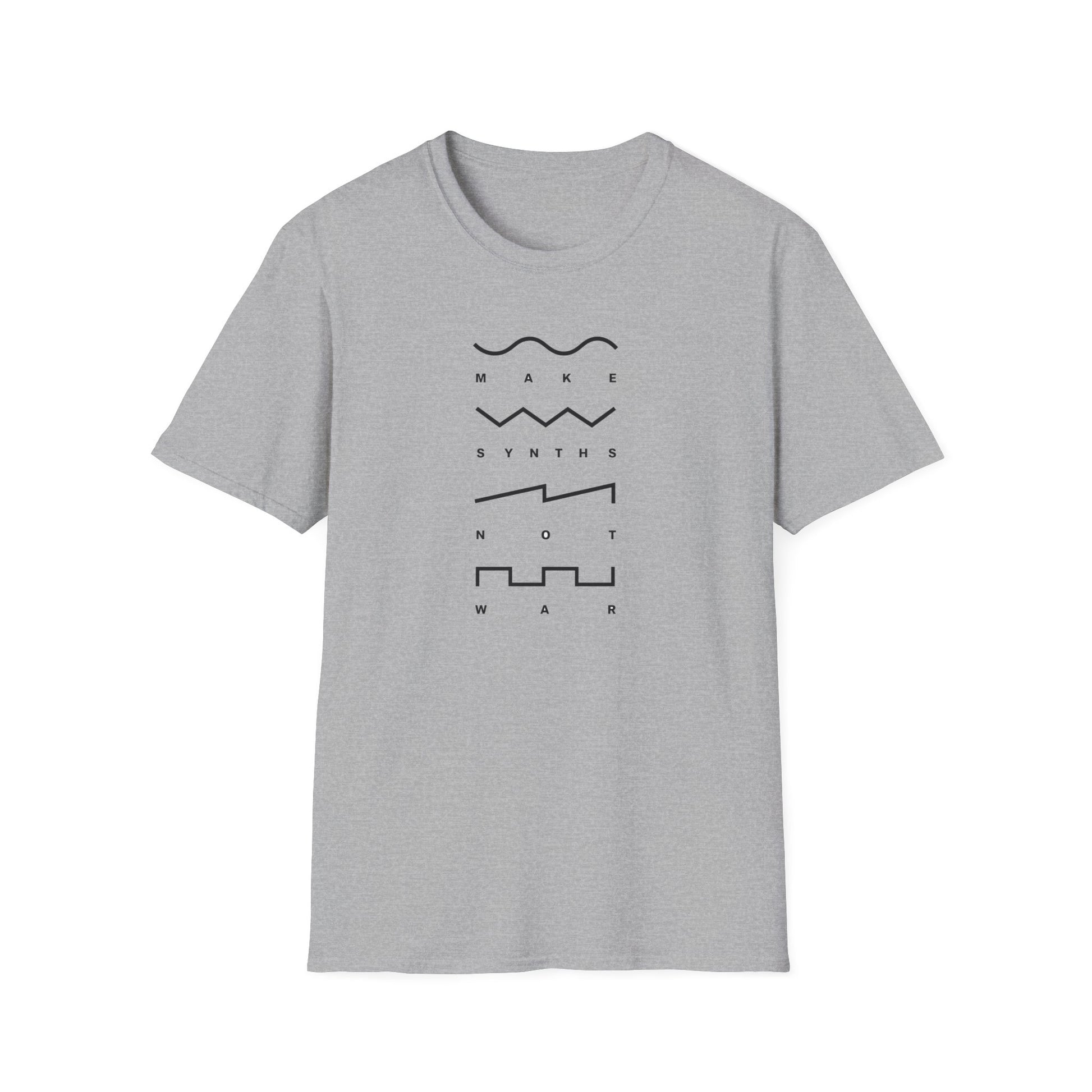 Gray t-shirt with "MAKE SYNTHS NOT WAR" text and abstract sound wave graphics.