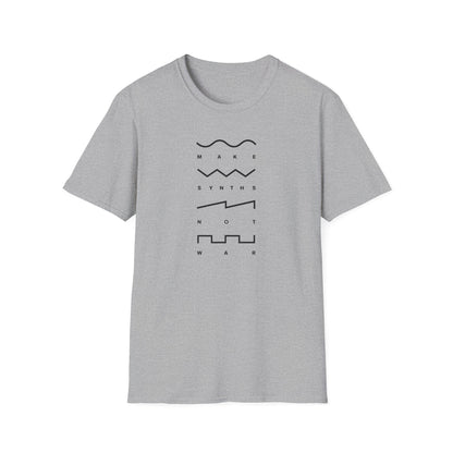 Gray t-shirt with "MAKE SYNTHS NOT WAR" text and abstract sound wave graphics.