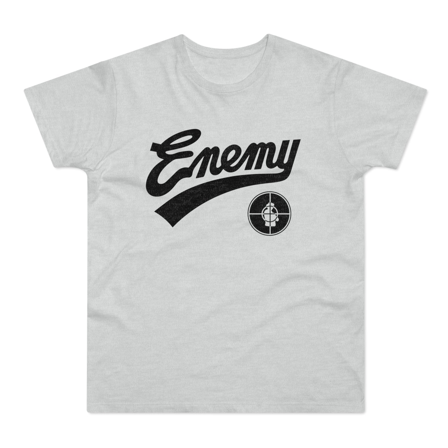 Light gray t-shirt with black "Enemy" lettering and a target logo.