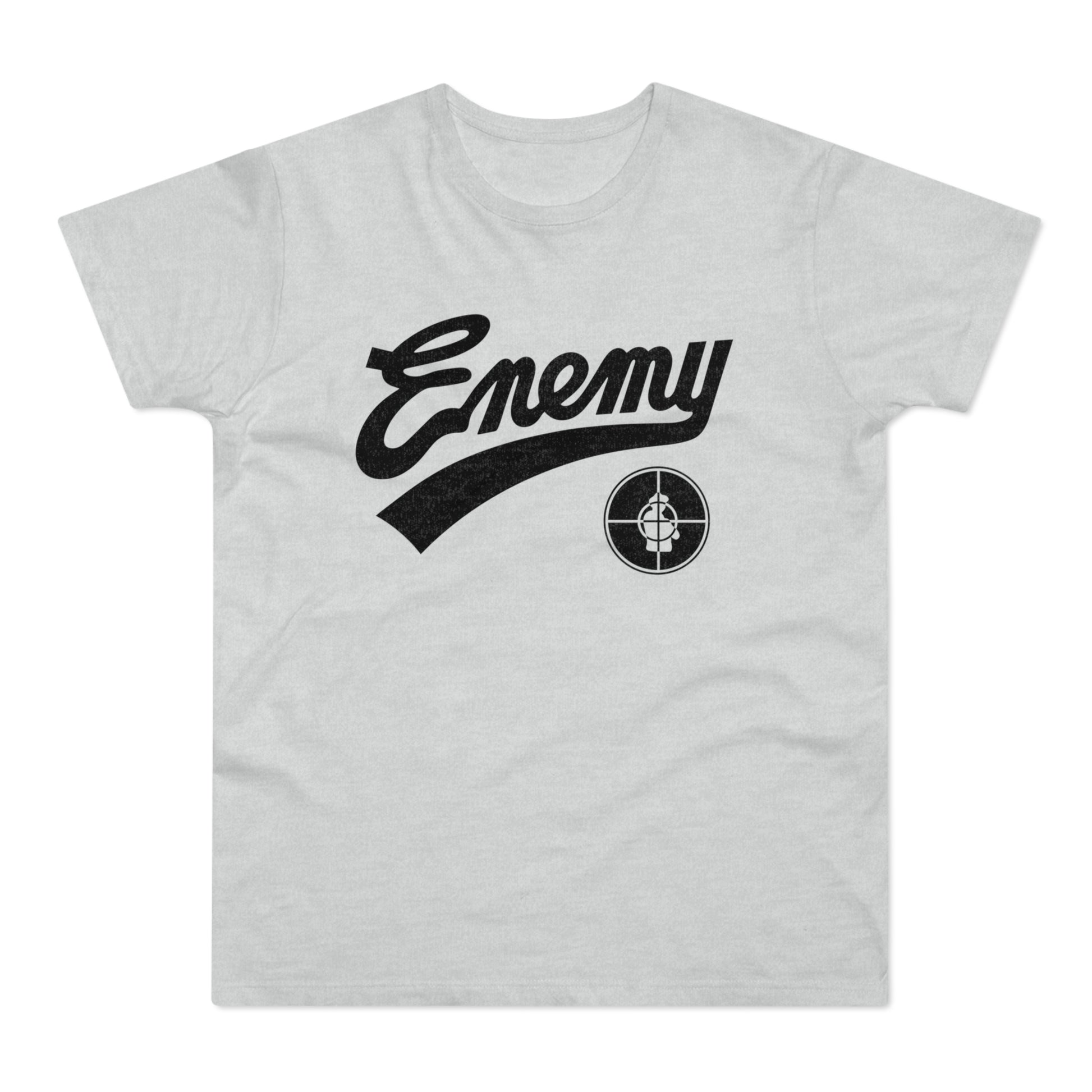 Light gray t-shirt with black "Enemy" lettering and a target logo.