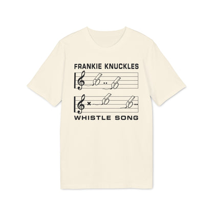 Cream t-shirt with black text "FRANKIE KNUCKLES" and musical staff with whistles.