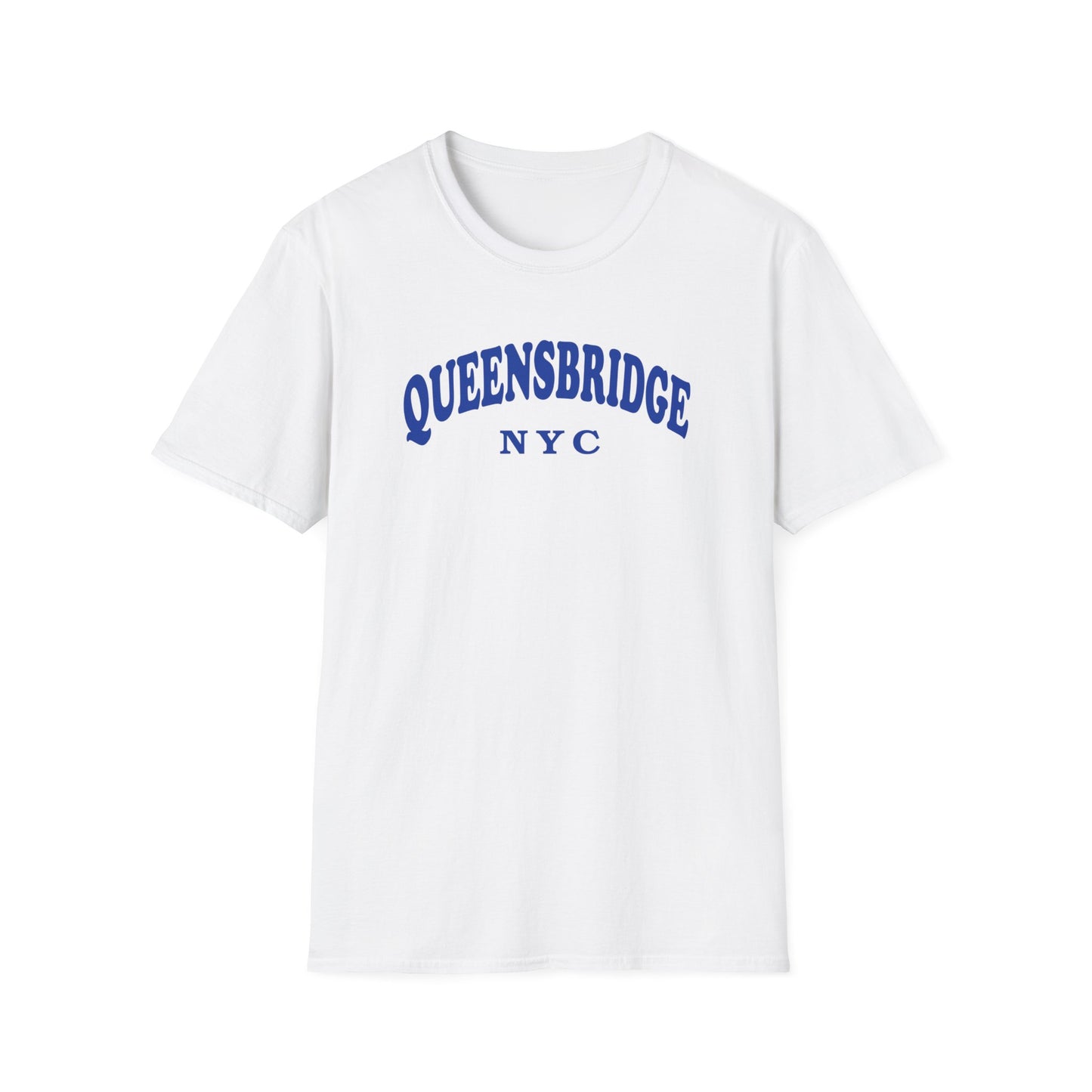 White t-shirt with blue arched text that reads QUEENSBRIDGE NYC.