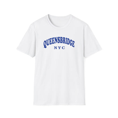 White t-shirt with blue arched text that reads QUEENSBRIDGE NYC.