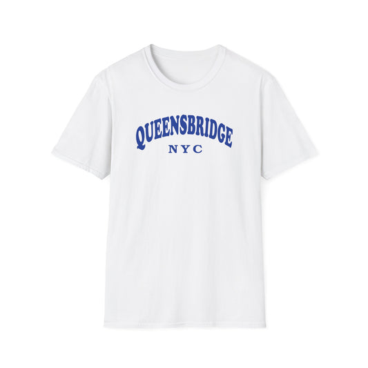 White t-shirt with blue arched text that reads QUEENSBRIDGE NYC.