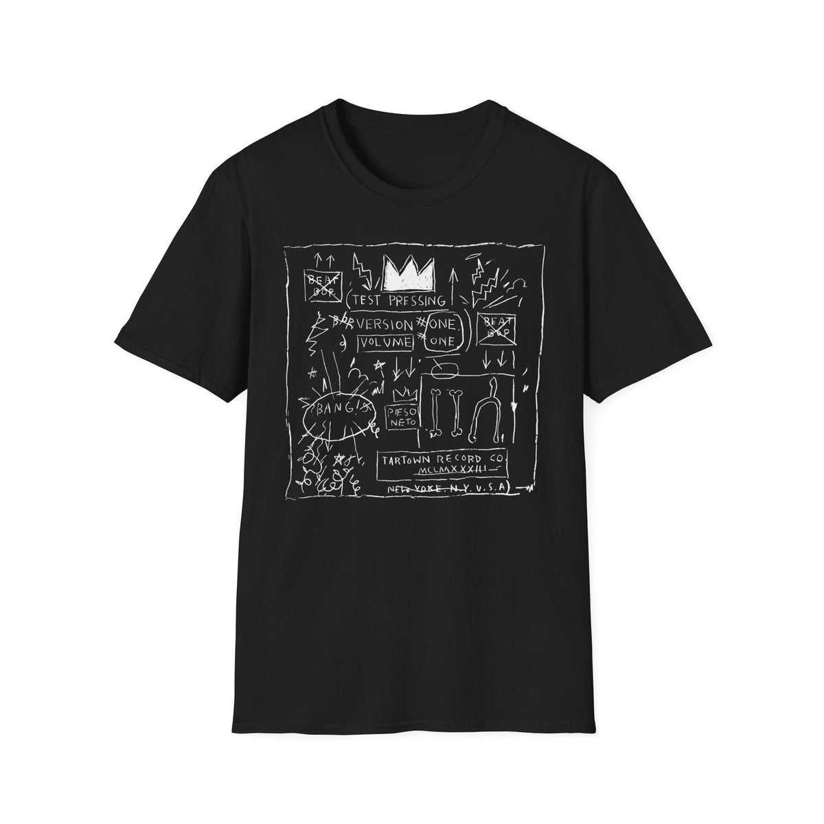 Black t-shirt with white line art featuring text and abstract drawings.