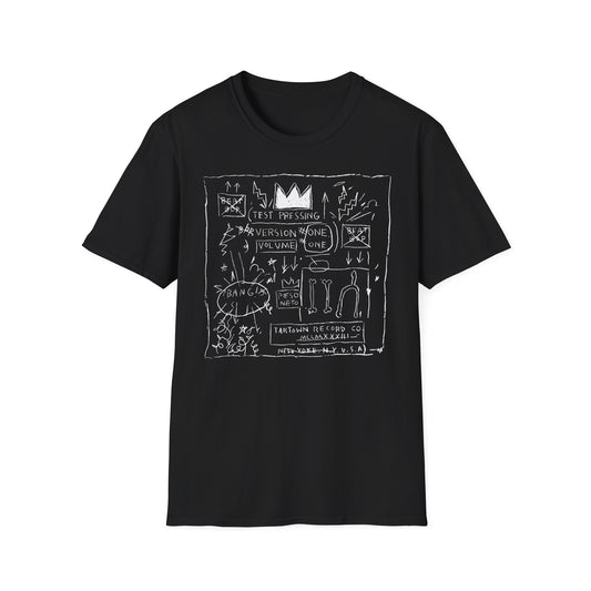 Black t-shirt with white line art featuring text and abstract drawings.